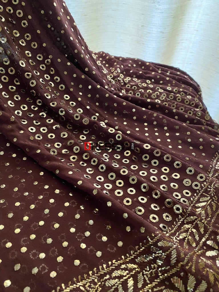 Deep Brown Ring Mukaish Anarkali Suit Chikankari