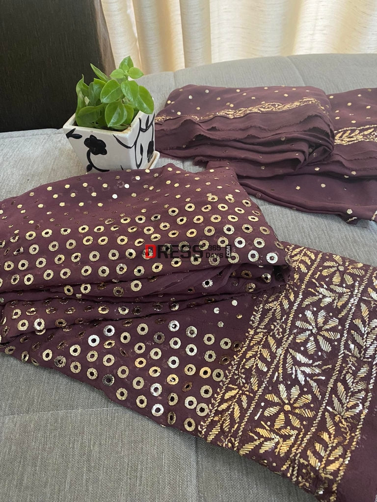 Deep Brown Ring Mukaish Anarkali Suit Chikankari