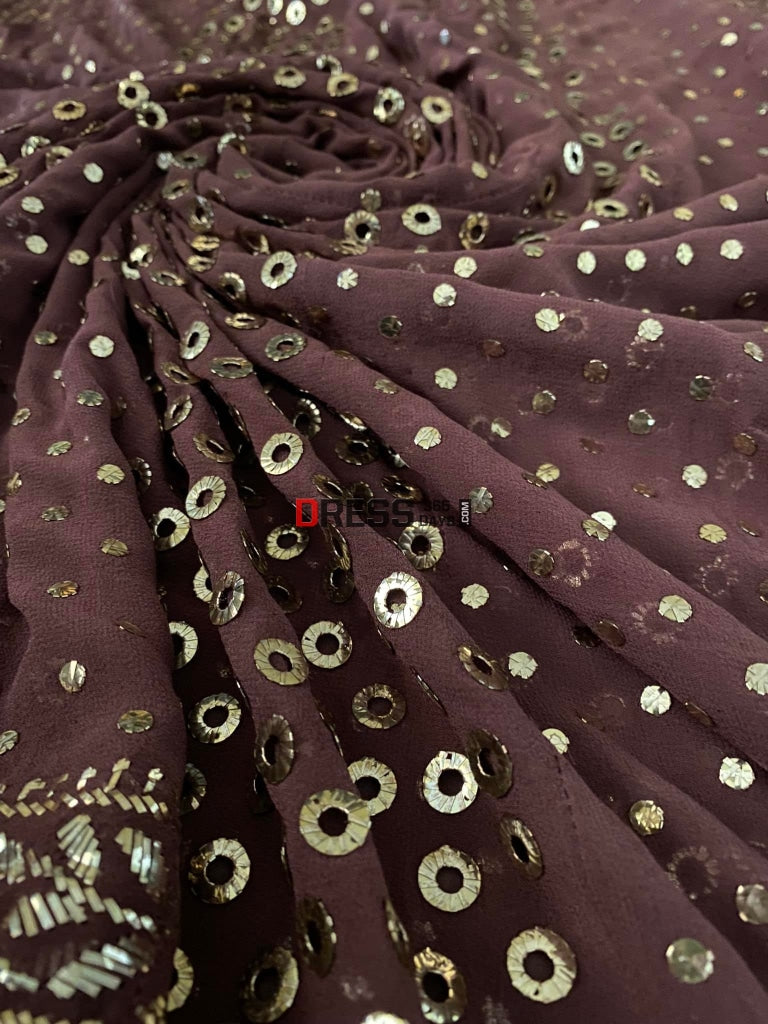 Deep Brown Ring Mukaish Anarkali Suit Chikankari