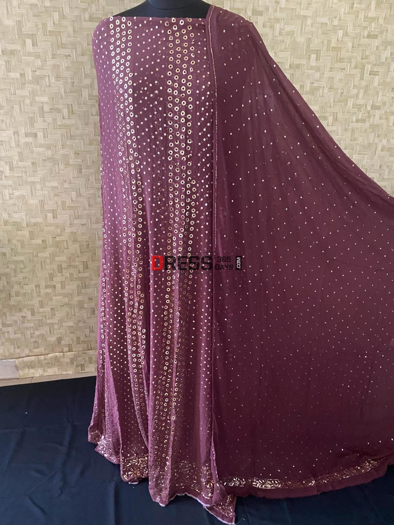 Deep Brown Ring Mukaish Anarkali Suit Chikankari