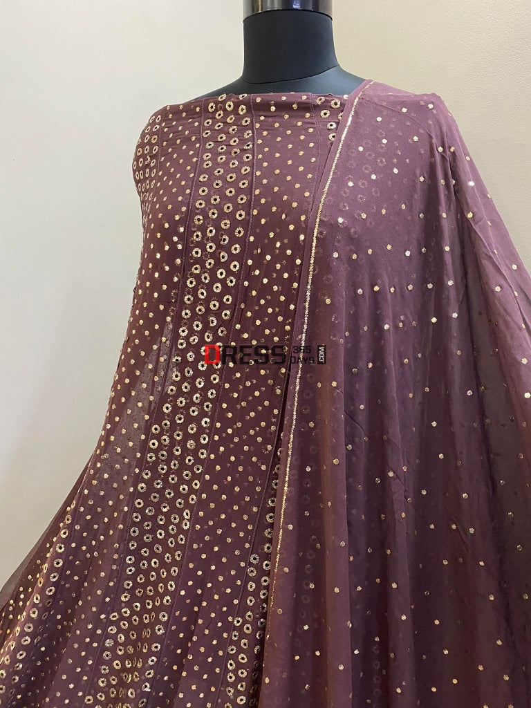 Deep Coffee Brown Ring Mukaish Anarkali Suit Chikankari