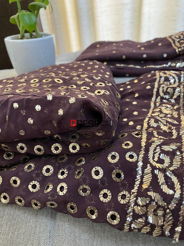 Deep Coffee Brown Ring Mukaish Anarkali Suit Chikankari