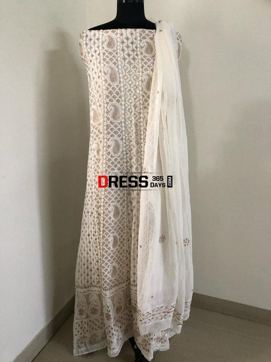 Deep Ivory Chikankari & Gota Patti Embroidered Anarkali Suit