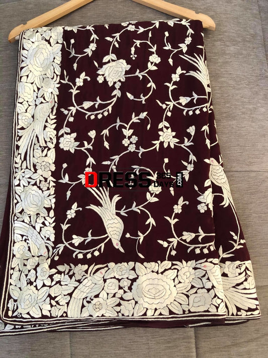 Deep Maroon & Ivory Parsi Gara Saree