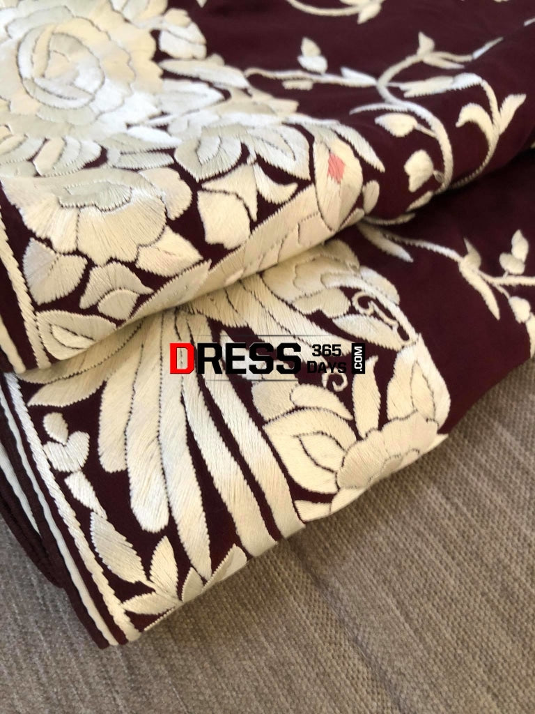 Deep Maroon & Ivory Parsi Gara Saree