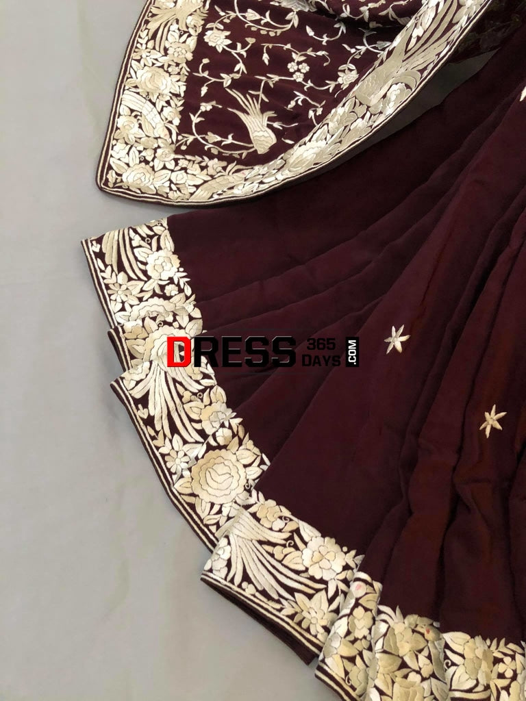 Deep Maroon & Ivory Parsi Gara Saree