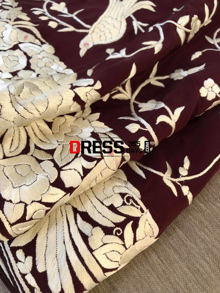 Deep Maroon & Ivory Parsi Gara Saree