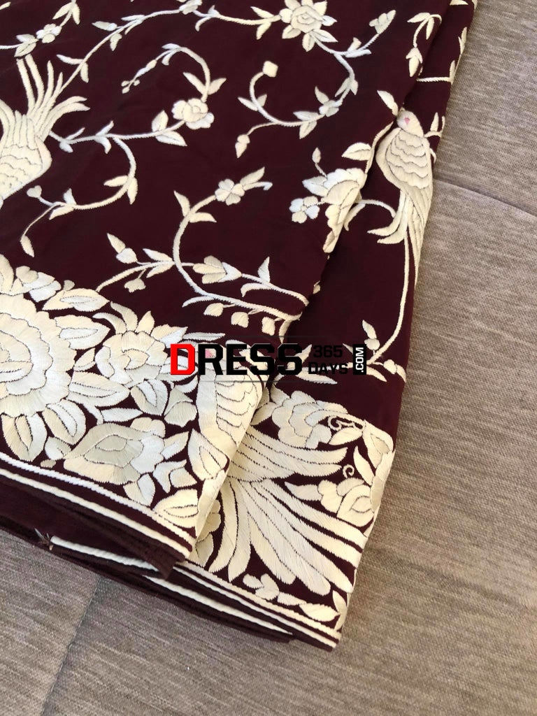 Deep Maroon & Ivory Parsi Gara Saree