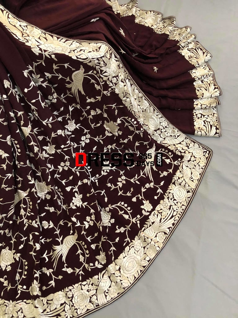 Deep Maroon & Ivory Parsi Gara Saree