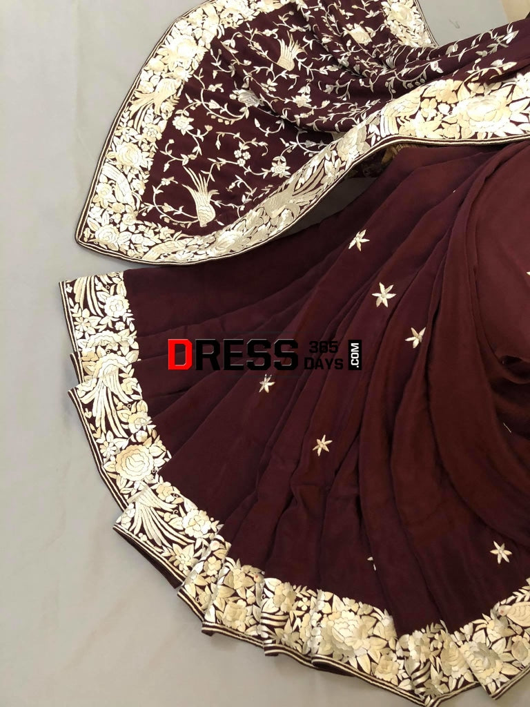 Deep Maroon & Ivory Parsi Gara Saree