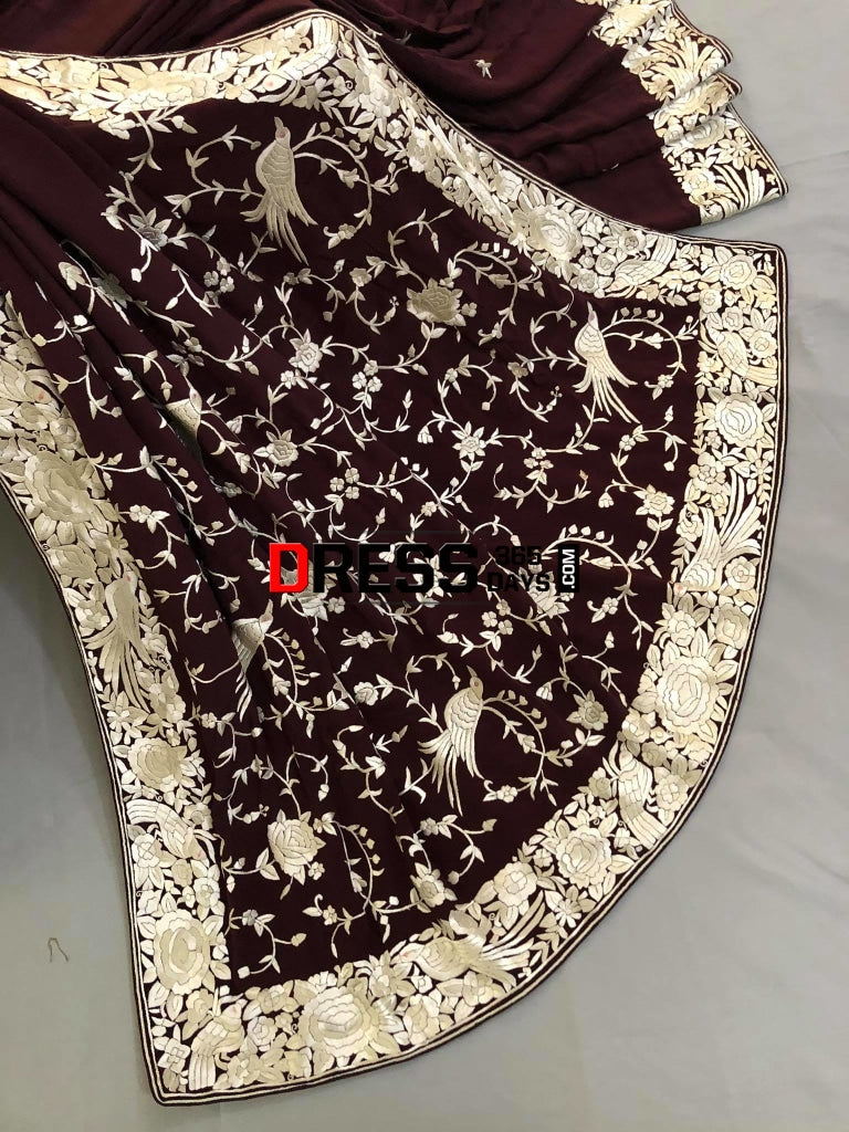 Deep Maroon & Ivory Parsi Gara Saree