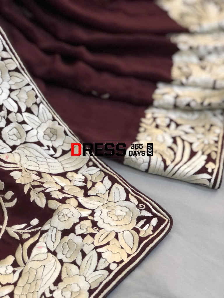 Deep Maroon & Ivory Parsi Gara Saree