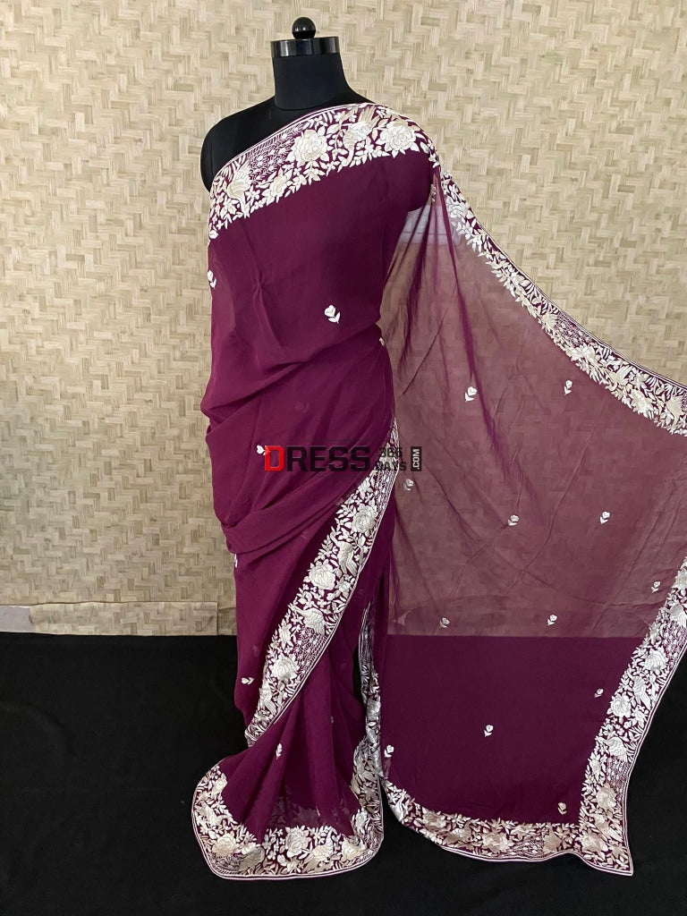 Deep Purple & Ivory Parsi Gara Saree