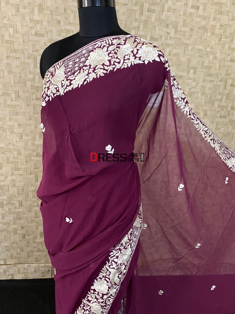 Deep Purple & Ivory Parsi Gara Saree