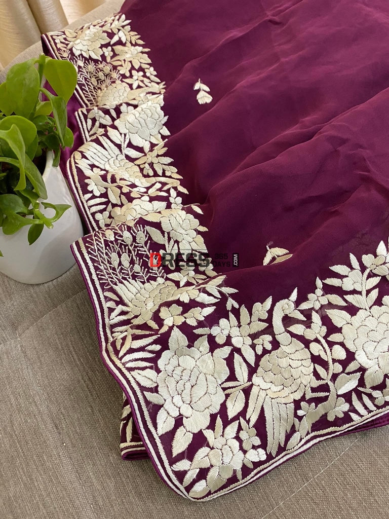 Deep Purple & Ivory Parsi Gara Saree