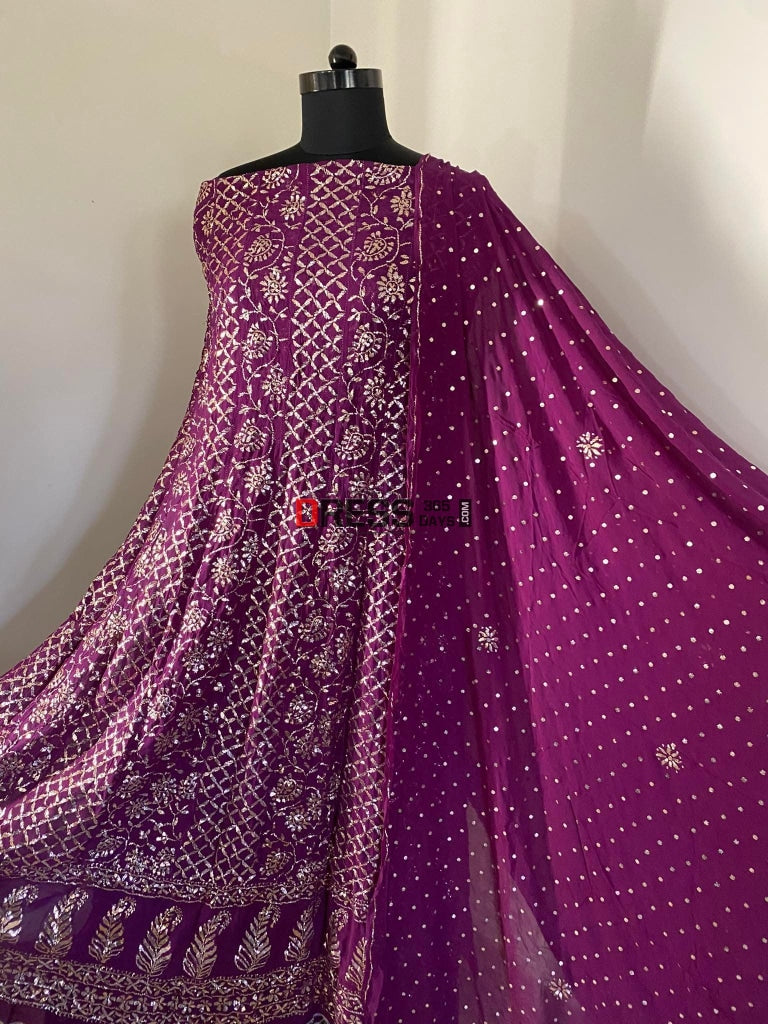 Deep Purple Kamdani Partywear Anarkali Suit Chikankari