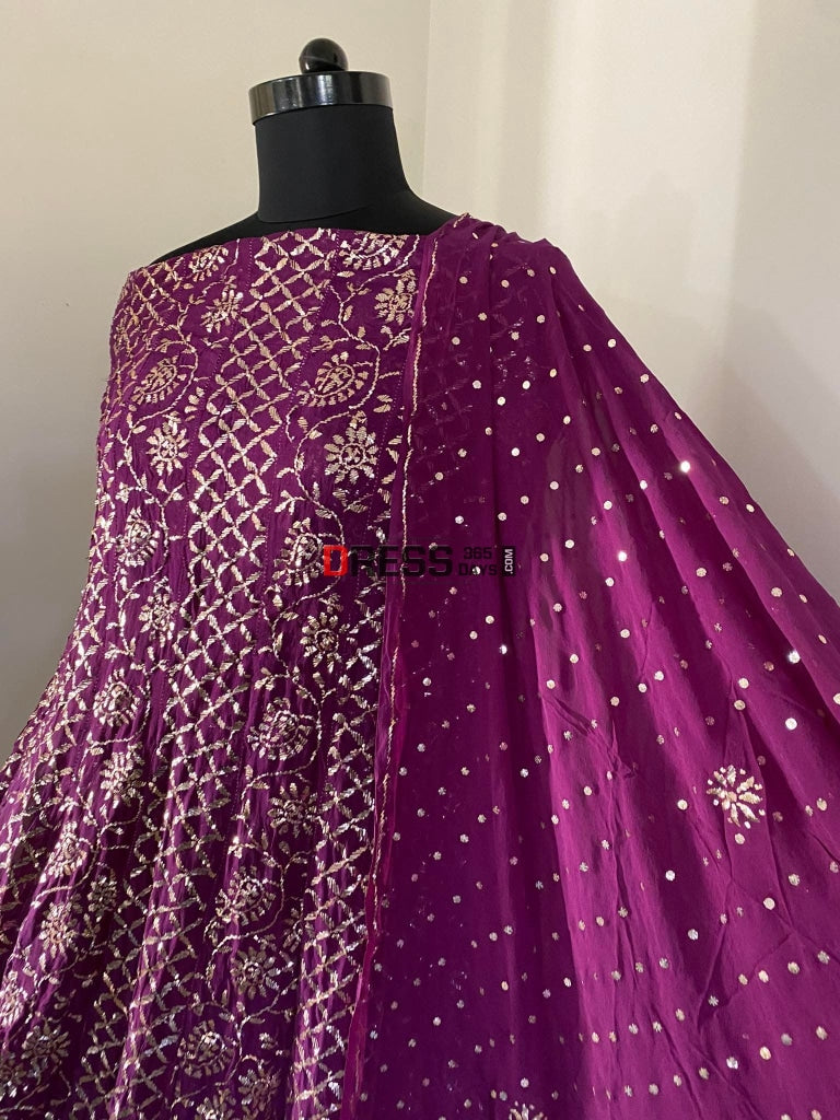 Deep Purple Kamdani Partywear Anarkali Suit Chikankari