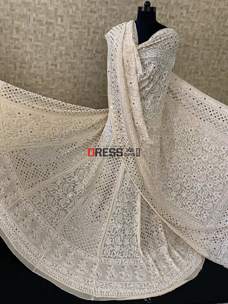 Designer Beige Lucknowi Pearl & Mirror Lehenga Set Chikankari