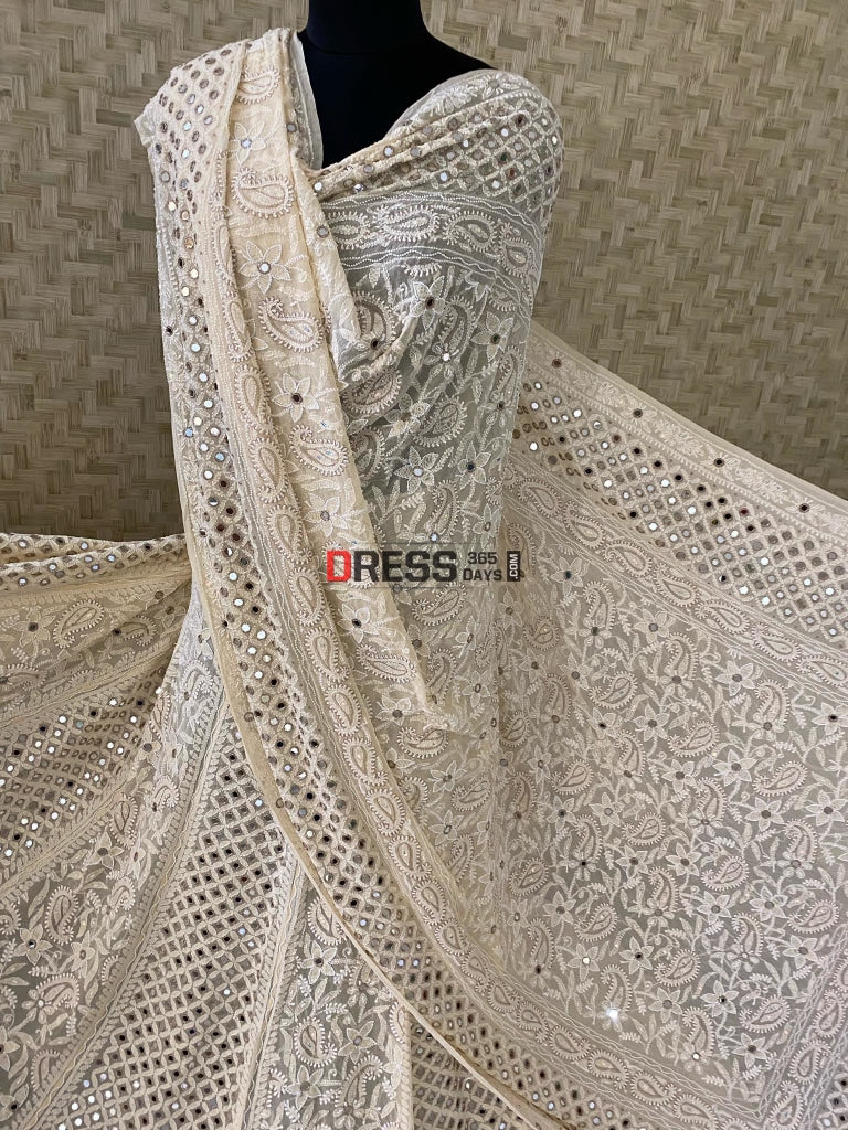 Designer Beige Lucknowi Pearl & Mirror Lehenga Set Chikankari