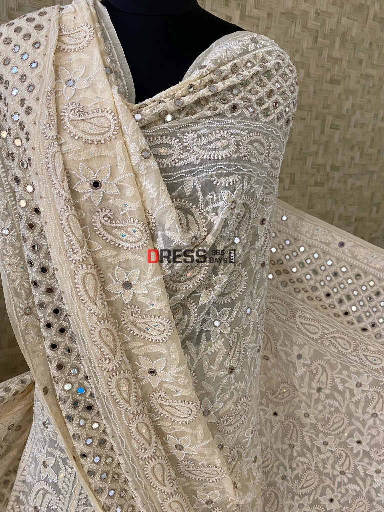 Designer Beige Lucknowi Pearl & Mirror Lehenga Set Chikankari