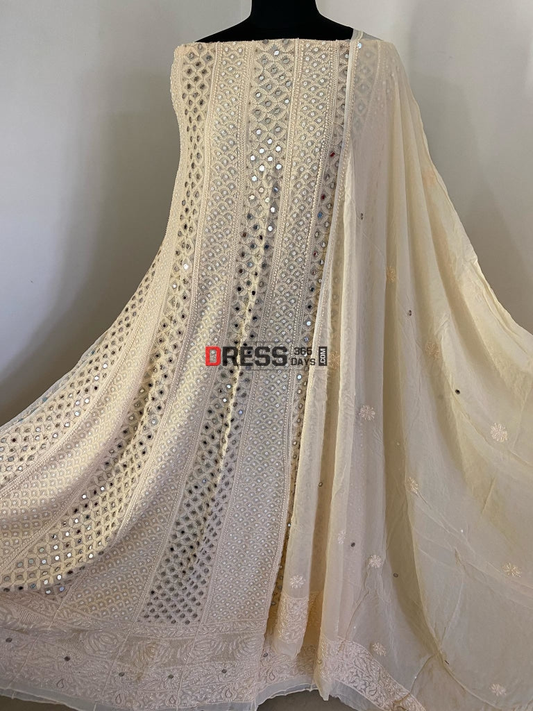 Designer Beige Mirror & Pearl Lucknowi Anarkali Suit Chikankari
