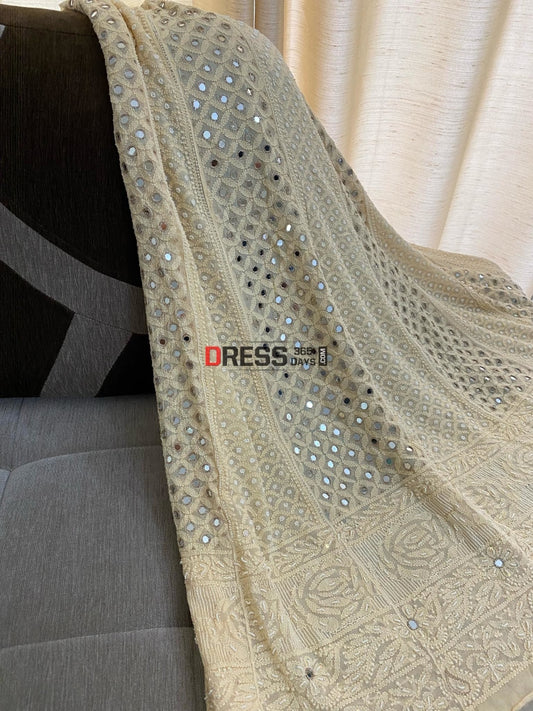 Designer Beige Mirror & Pearl Lucknowi Anarkali Suit Chikankari