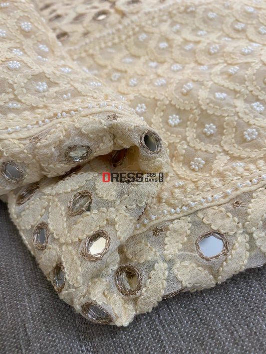 Designer Beige Mirror & Pearl Lucknowi Anarkali Suit Chikankari