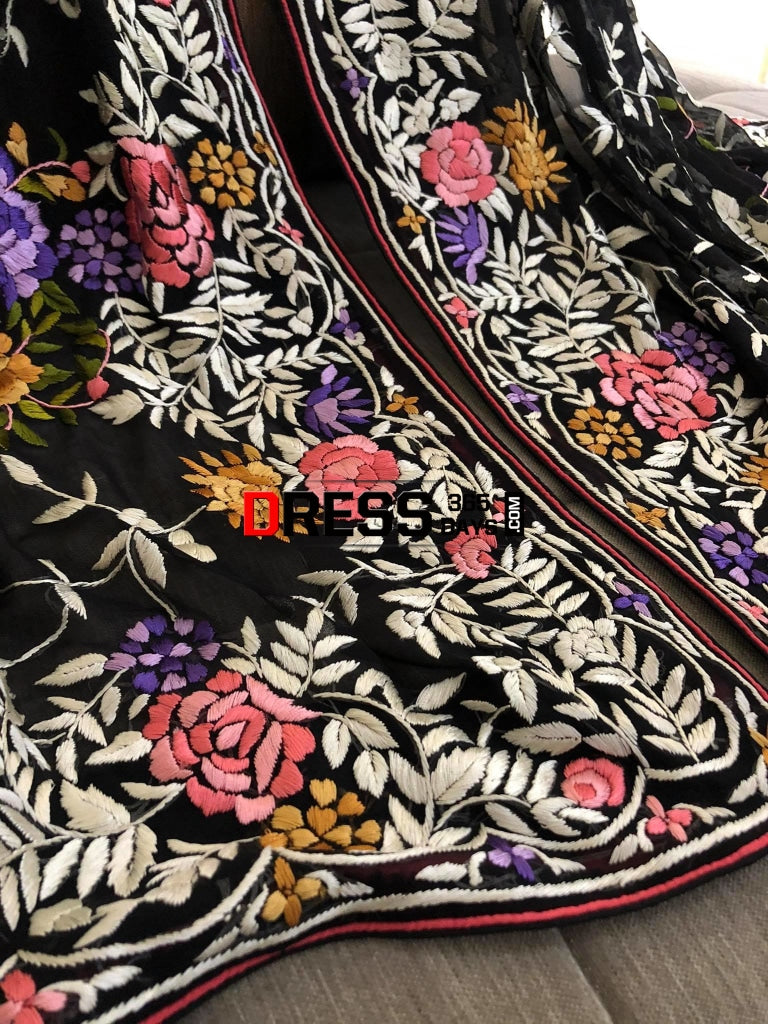 Designer Black Floral Hand Embroidered Parsi Gara Dupatta