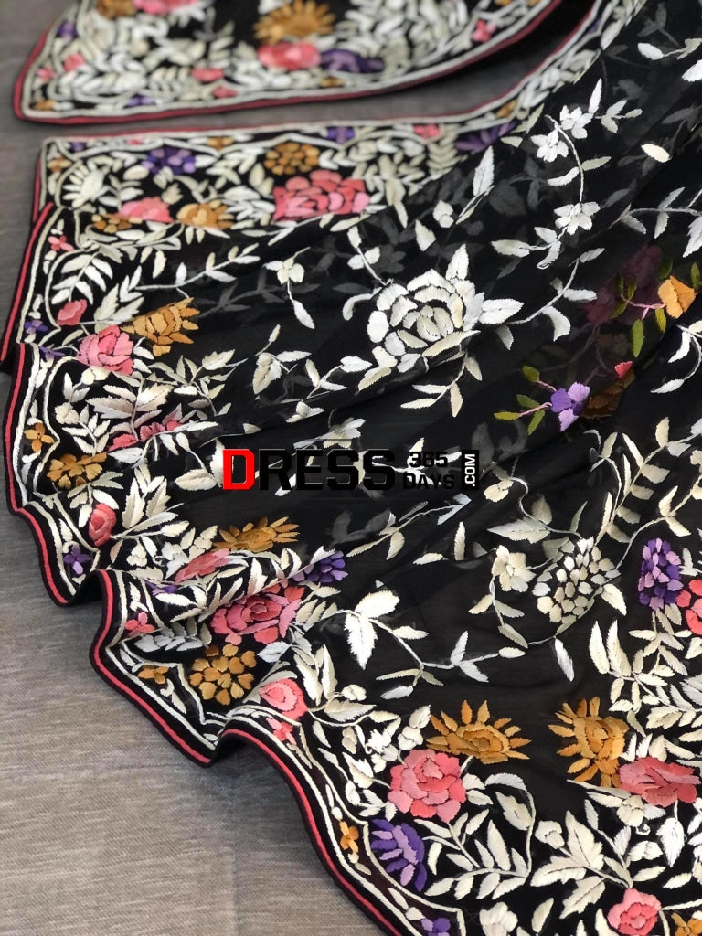 Designer Black Floral Hand Embroidered Parsi Gara Dupatta