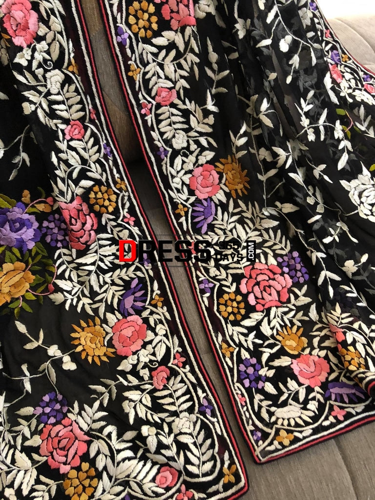 Designer Black Floral Hand Embroidered Parsi Gara Dupatta