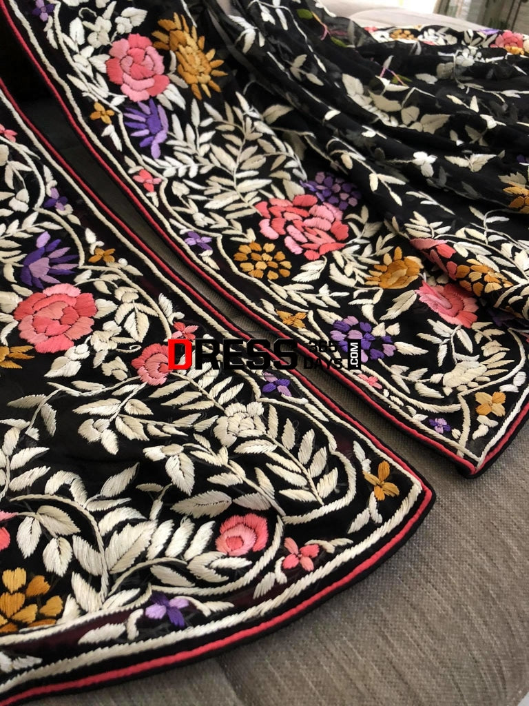 Designer Black Floral Hand Embroidered Parsi Gara Dupatta