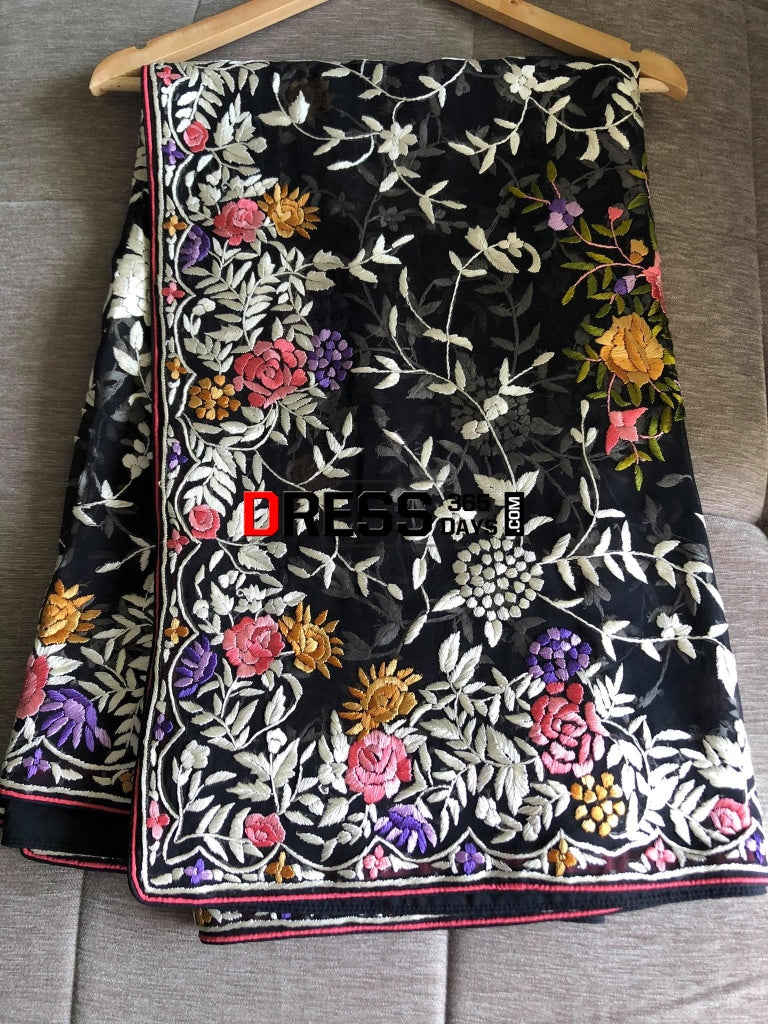 Designer Black Floral Hand Embroidered Parsi Gara Dupatta