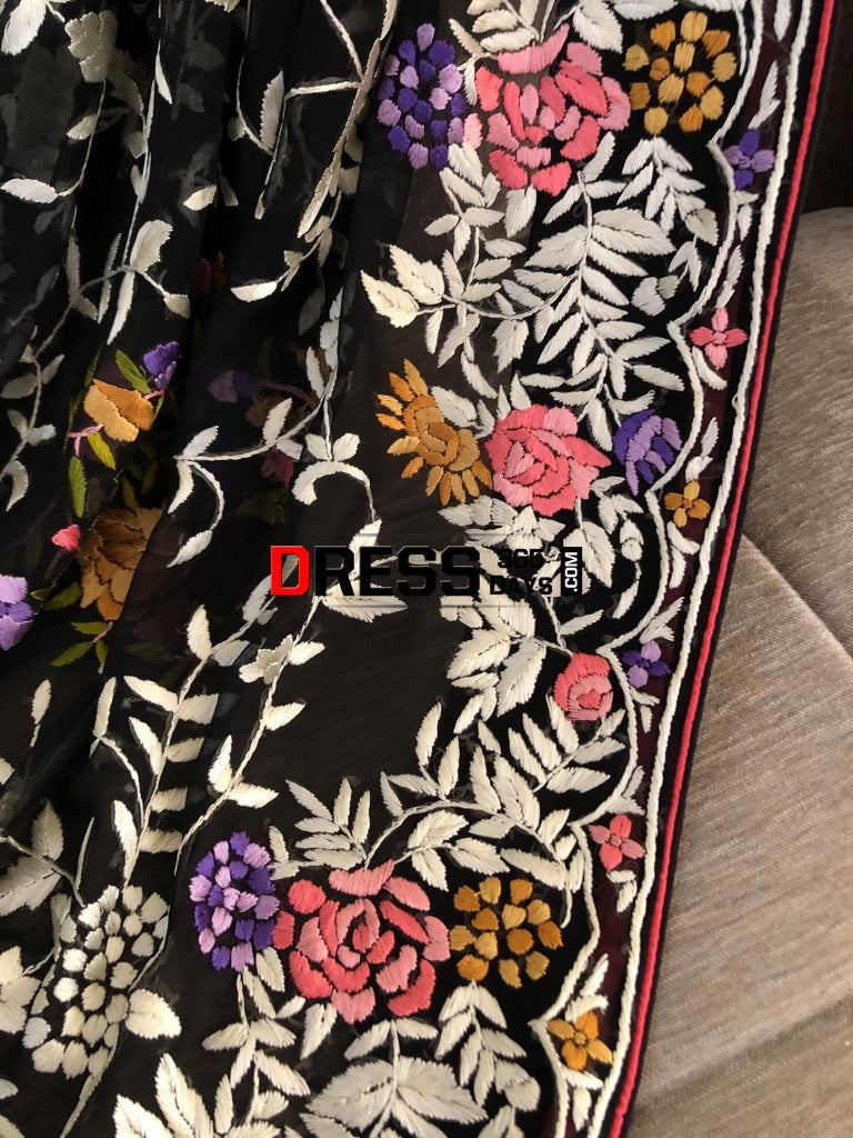Designer Black Floral Hand Embroidered Parsi Gara Dupatta
