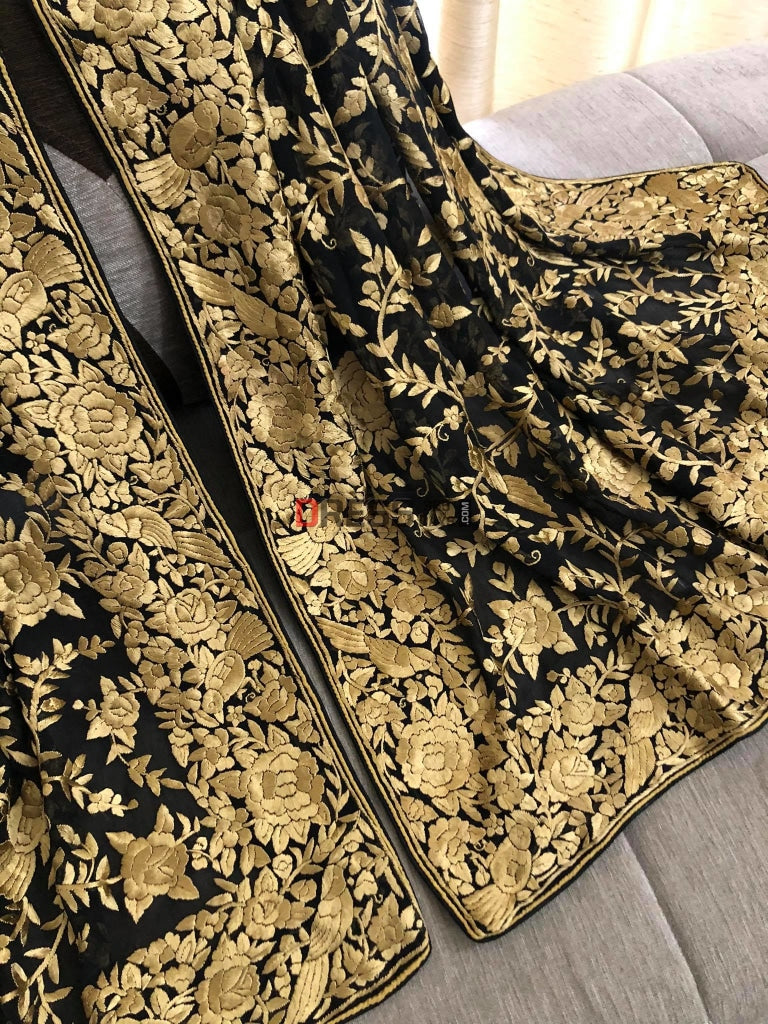 Designer Black & Gold Parsi Gara Dupatta