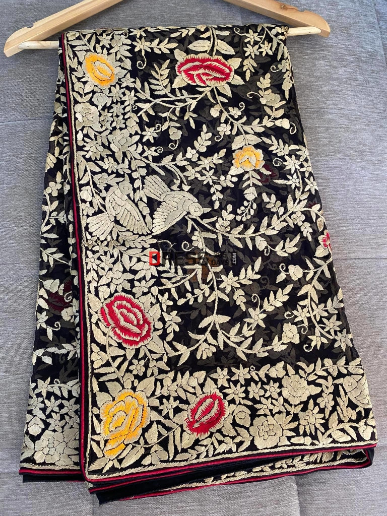 Designer Black Hand Embroidered Parsi Gara Dupatta