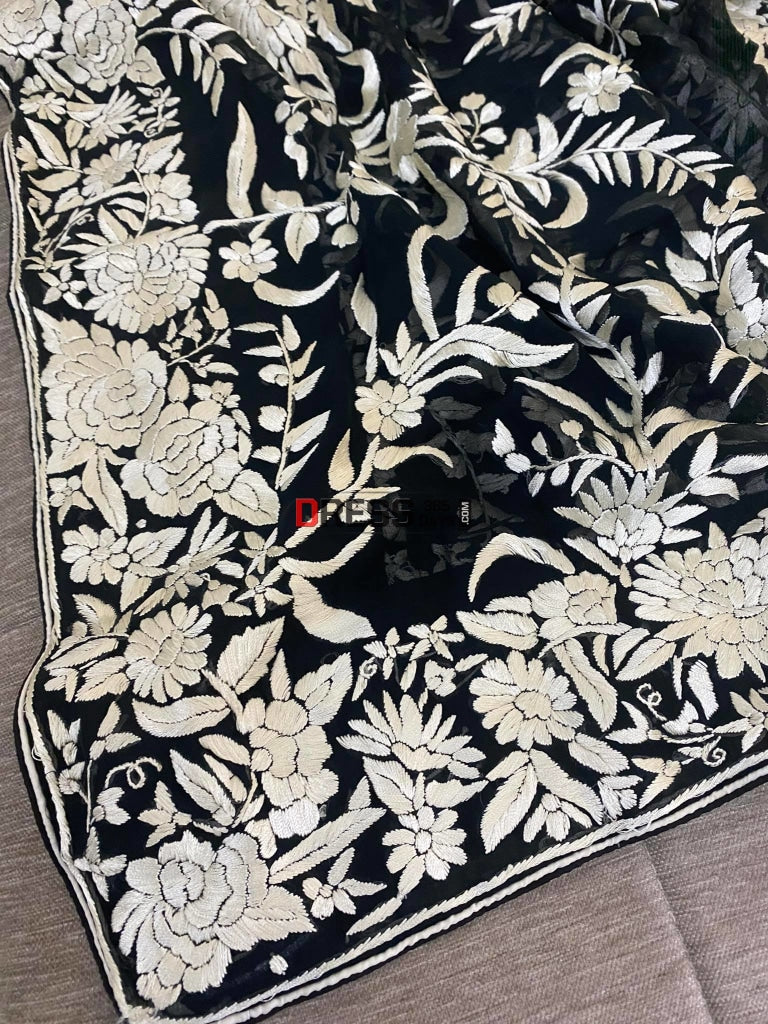 Designer Black Ivory Floral Parsi Gara Dupatta