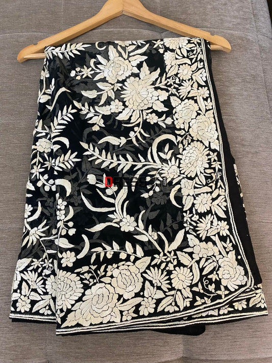 Designer Black Ivory Floral Parsi Gara Dupatta