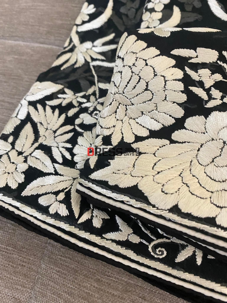 Designer Black Ivory Floral Parsi Gara Dupatta