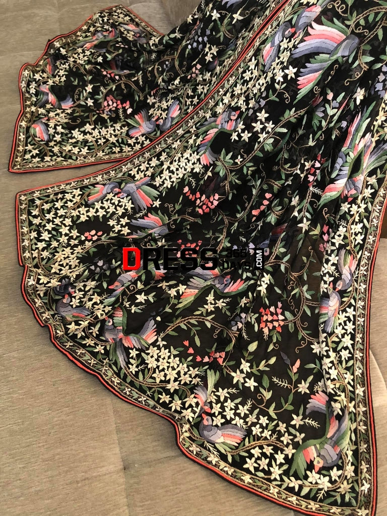 Designer Black Multicolour Parsi Gara Dupatta