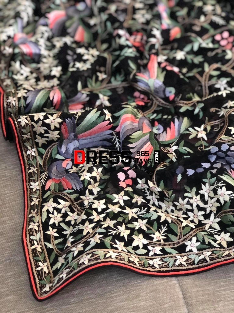 Designer Black Multicolour Parsi Gara Dupatta