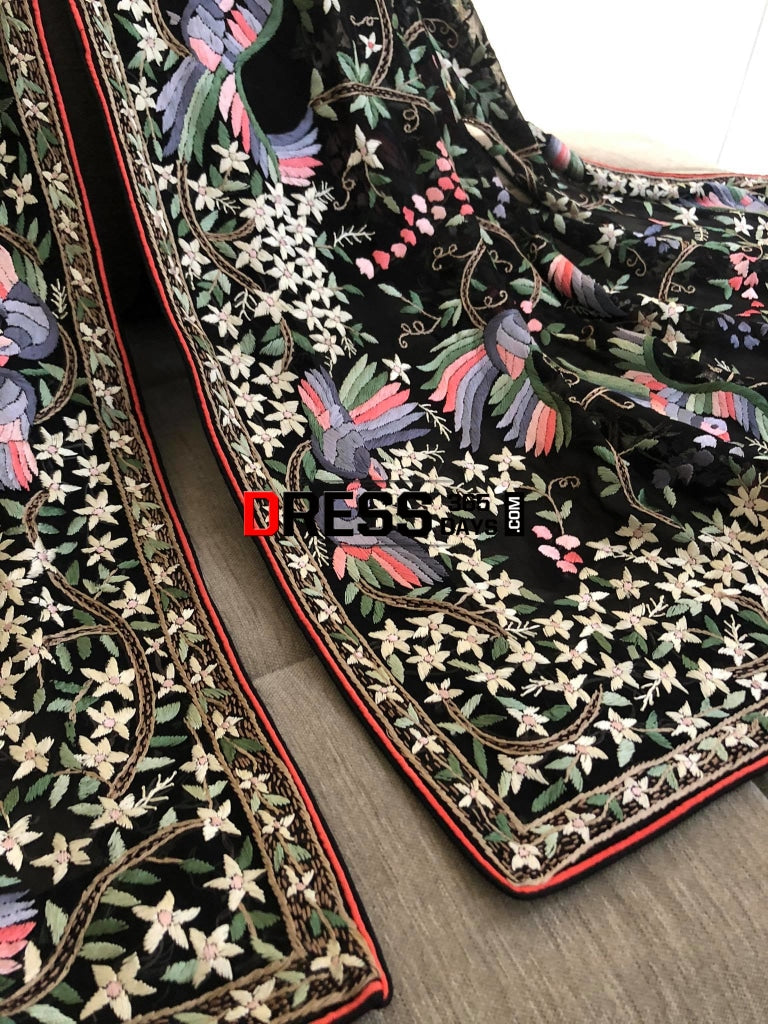 Designer Black Multicolour Parsi Gara Dupatta