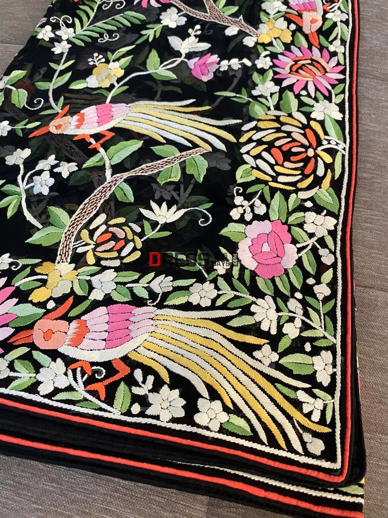 Designer Black Parsi Gara Dupatta With Multicolour Embroidery