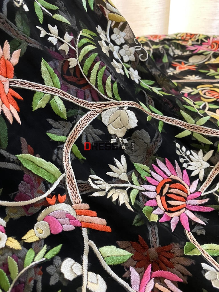 Designer Black Parsi Gara Dupatta With Multicolour Embroidery