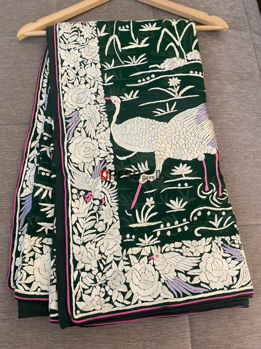 Designer Emerald Green Parsi Gara Dupatta