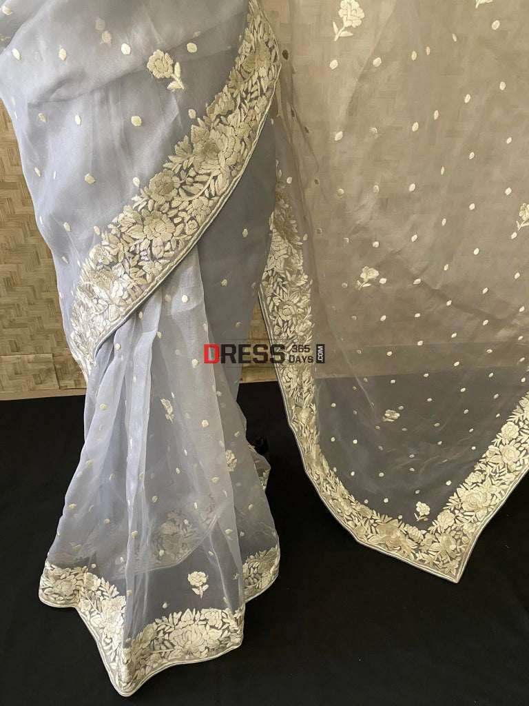 Designer Grey Organza Parsi Gara Saree