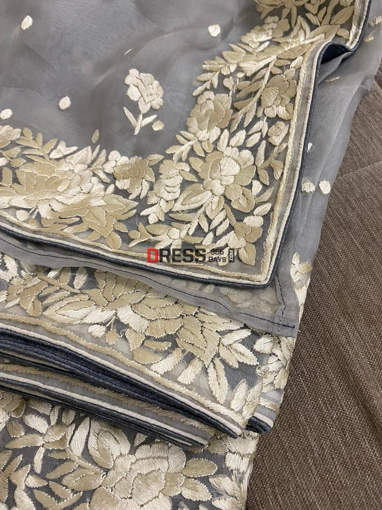 Designer Grey Organza Parsi Gara Saree