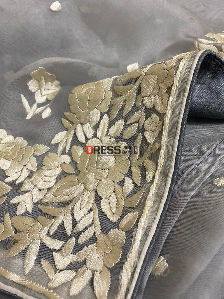 Designer Grey Organza Parsi Gara Saree