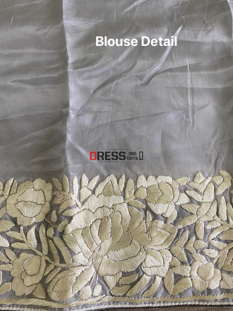 Designer Grey Organza Parsi Gara Saree