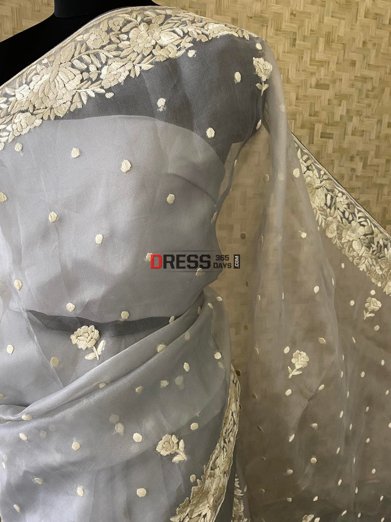 Designer Grey Organza Parsi Gara Saree