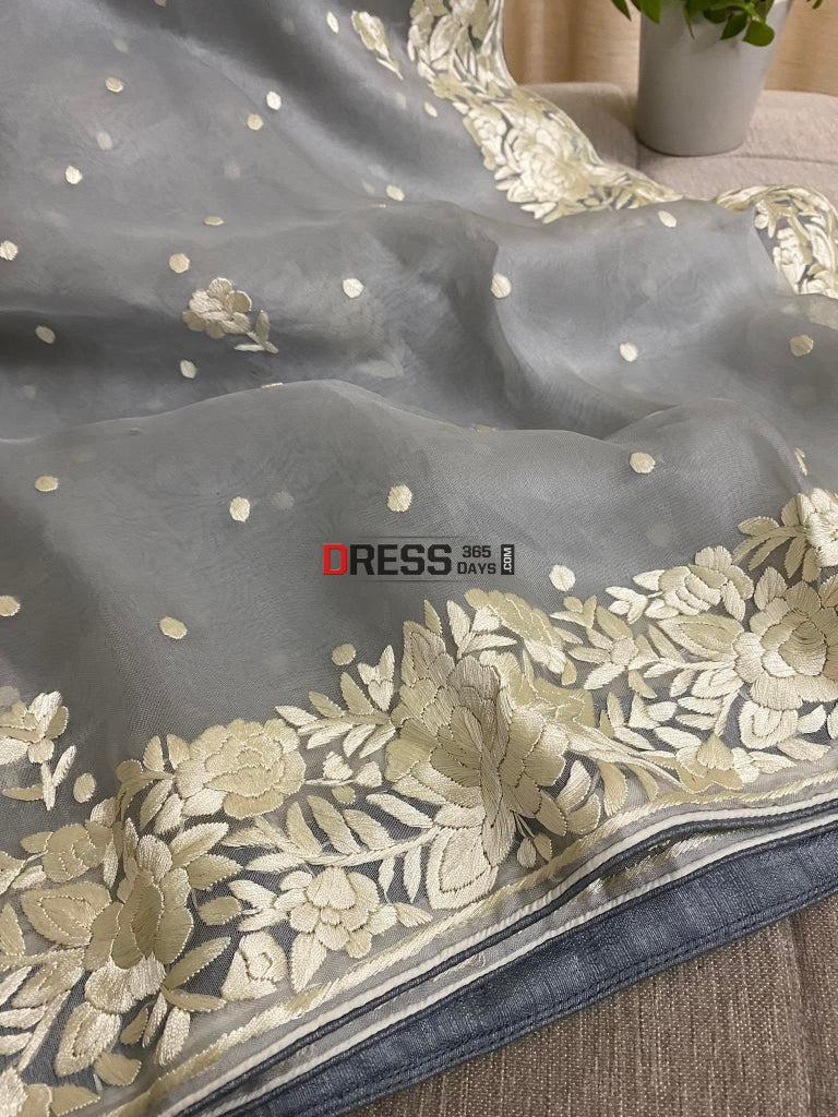 Designer Grey Organza Parsi Gara Saree